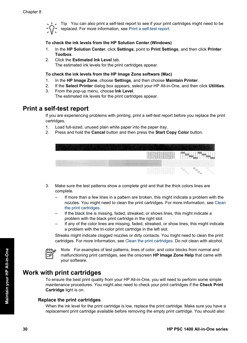 Print a self-test report, Work with print cartridges, Replace the print cartridges | HP PSC 1417 All-in-One Printer User Manual | Page 34 / 64