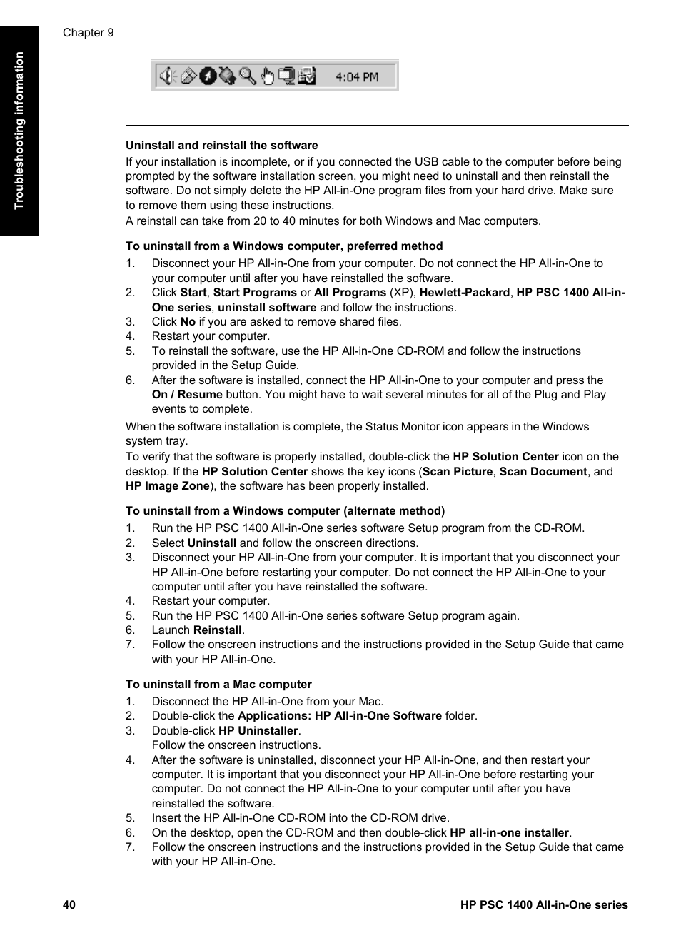 Uninstall and reinstall the software, Uninstall and reinstall the, Software | HP PSC 1417 All-in-One Printer User Manual | Page 44 / 64