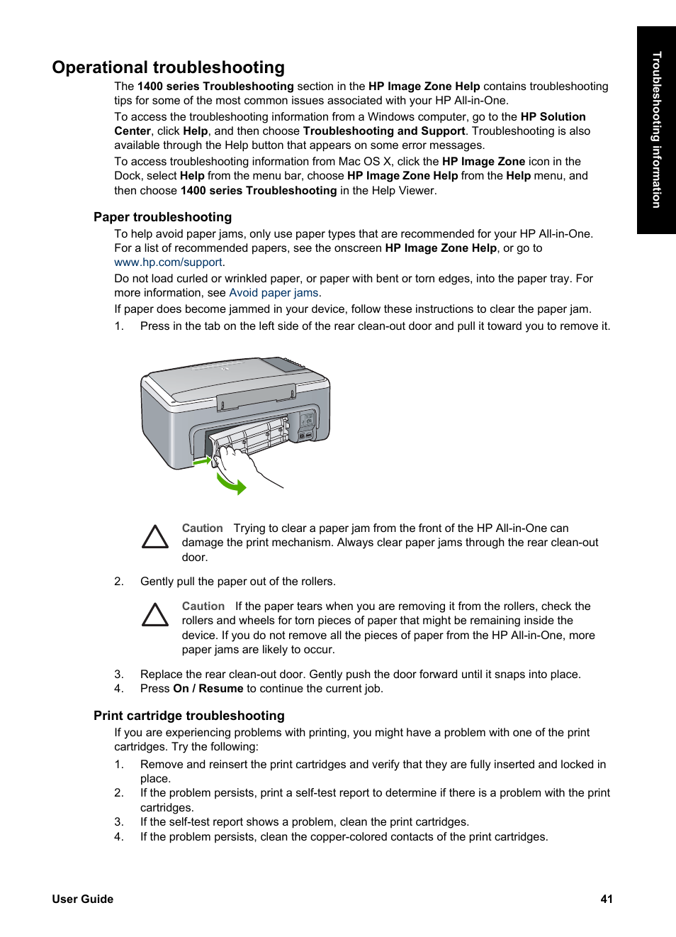 Operational troubleshooting, Paper troubleshooting, Print cartridge troubleshooting | HP PSC 1417 All-in-One Printer User Manual | Page 45 / 64