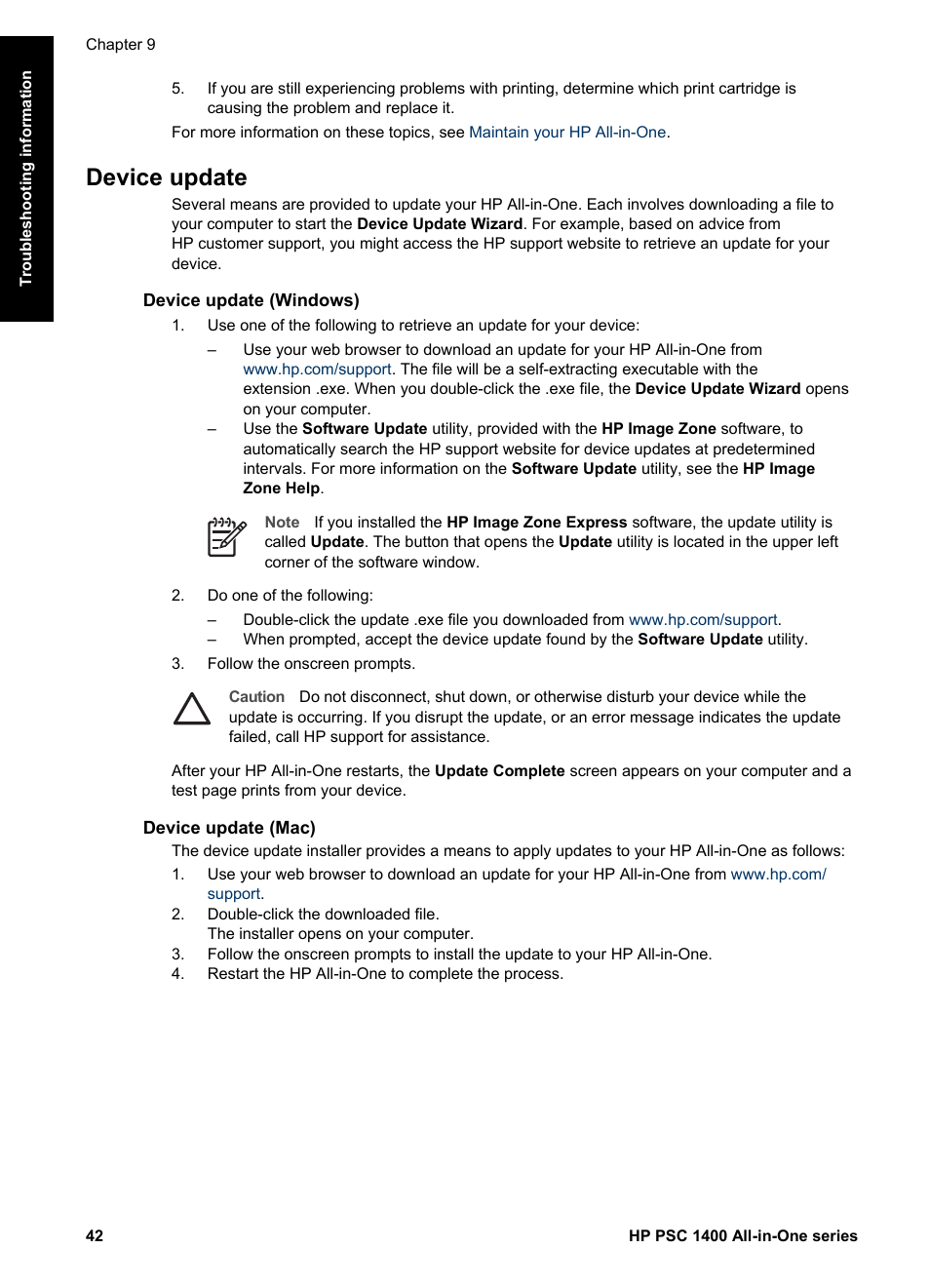 Device update, Device update (windows), Device update (mac) | HP PSC 1417 All-in-One Printer User Manual | Page 46 / 64