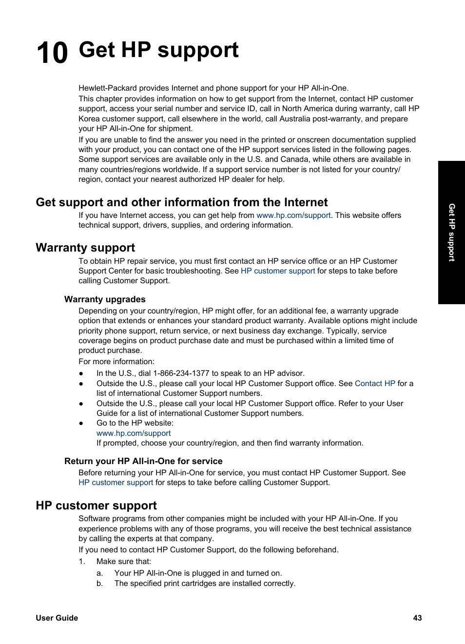 Get hp support, Warranty support, Warranty upgrades | Return your hp all-in-one for service, Hp customer support, 10 get hp support | HP PSC 1417 All-in-One Printer User Manual | Page 47 / 64