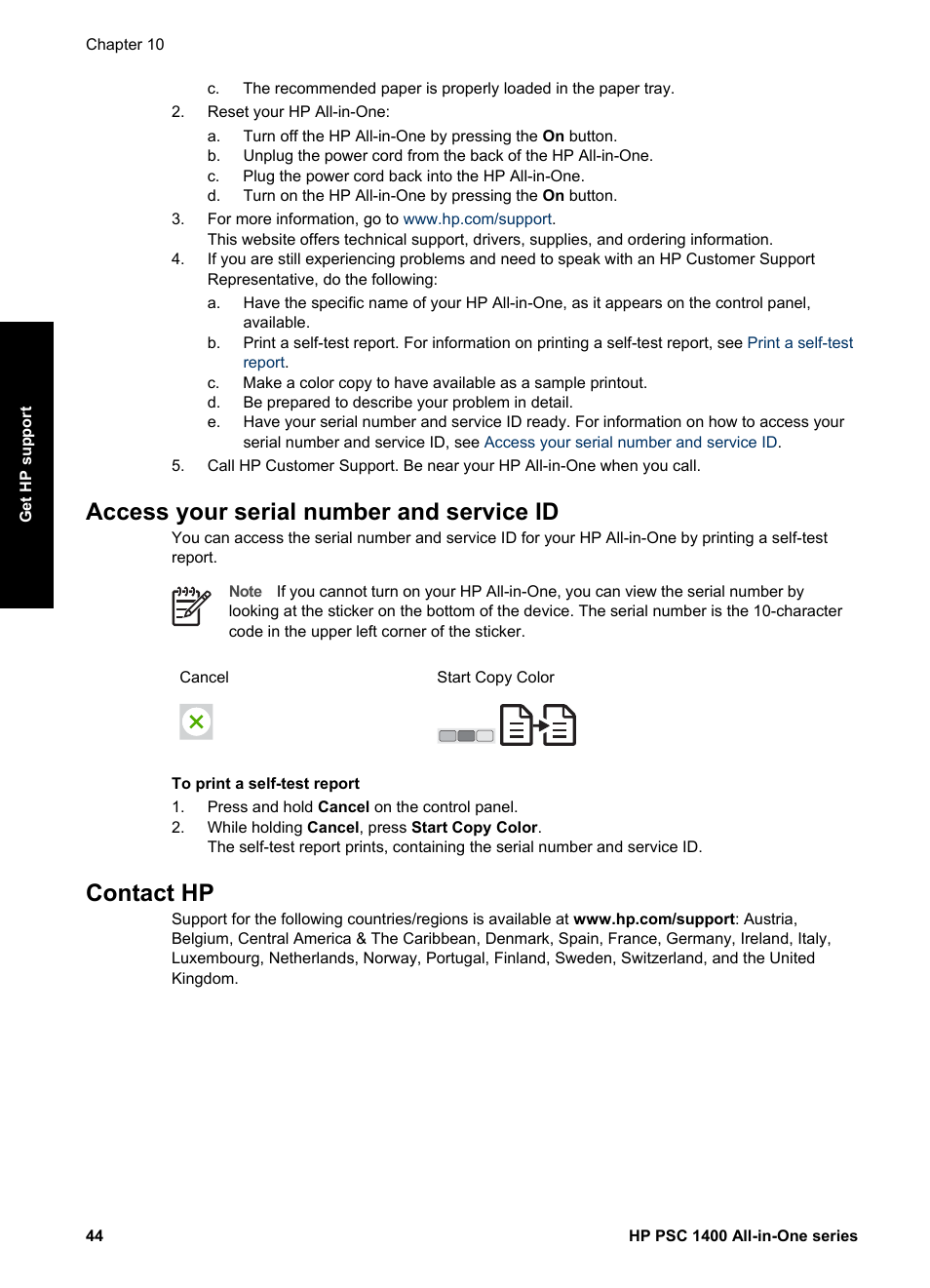 Access your serial number and service id, Contact hp, Support office. see | HP PSC 1417 All-in-One Printer User Manual | Page 48 / 64