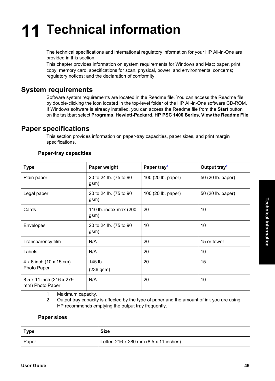 Technical information, System requirements, Paper specifications | Paper-tray capacities, Paper sizes, 11 technical information, System requirements paper specifications | HP PSC 1417 All-in-One Printer User Manual | Page 53 / 64