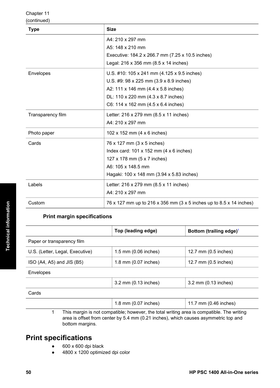 Print margin specifications, Print specifications | HP PSC 1417 All-in-One Printer User Manual | Page 54 / 64