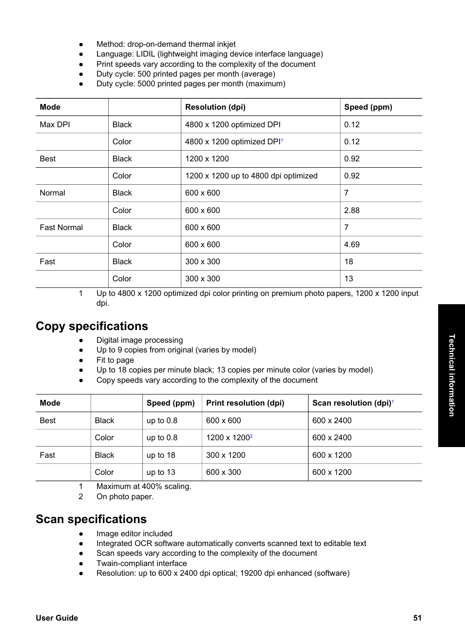 Copy specifications, Scan specifications, Copy specifications scan specifications | HP PSC 1417 All-in-One Printer User Manual | Page 55 / 64