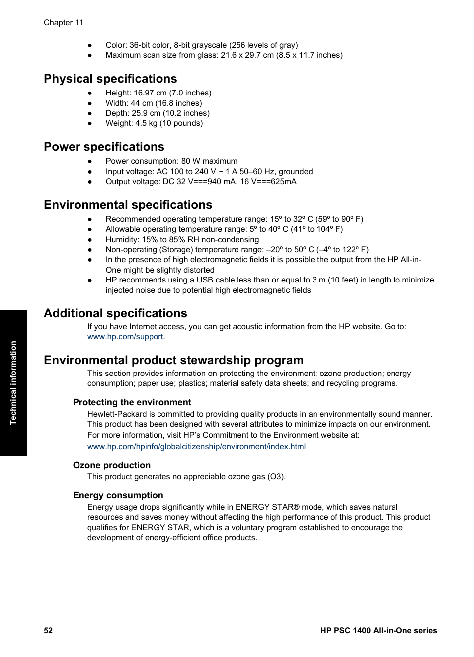 Physical specifications, Power specifications, Environmental specifications | Additional specifications, Environmental product stewardship program, Protecting the environment, Ozone production, Energy consumption | HP PSC 1417 All-in-One Printer User Manual | Page 56 / 64