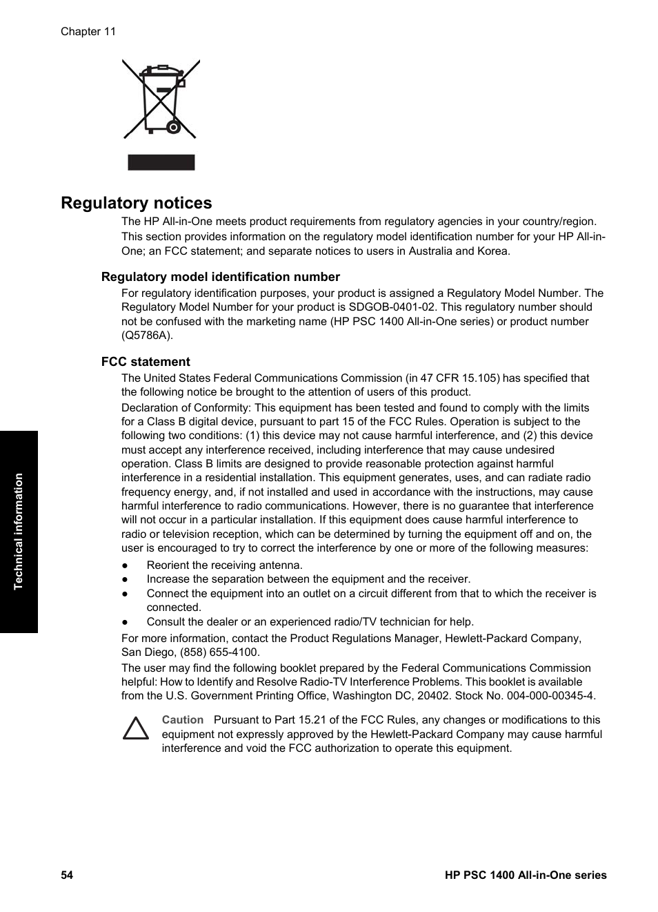 Regulatory notices, Regulatory model identification number, Fcc statement | HP PSC 1417 All-in-One Printer User Manual | Page 58 / 64