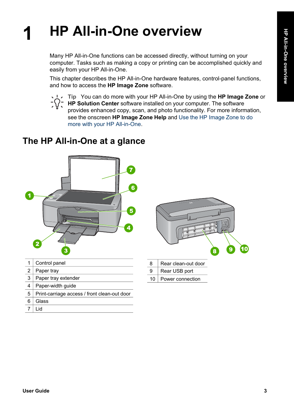 Hp all-in-one overview, The hp all-in-one at a glance | HP PSC 1417 All-in-One Printer User Manual | Page 7 / 64