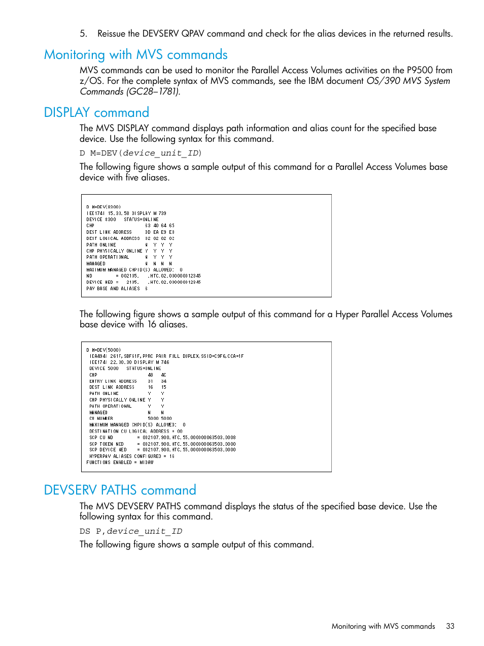 Monitoring with mvs commands, Display command, Devserv paths command | HP XP P9500 Storage User Manual | Page 33 / 50