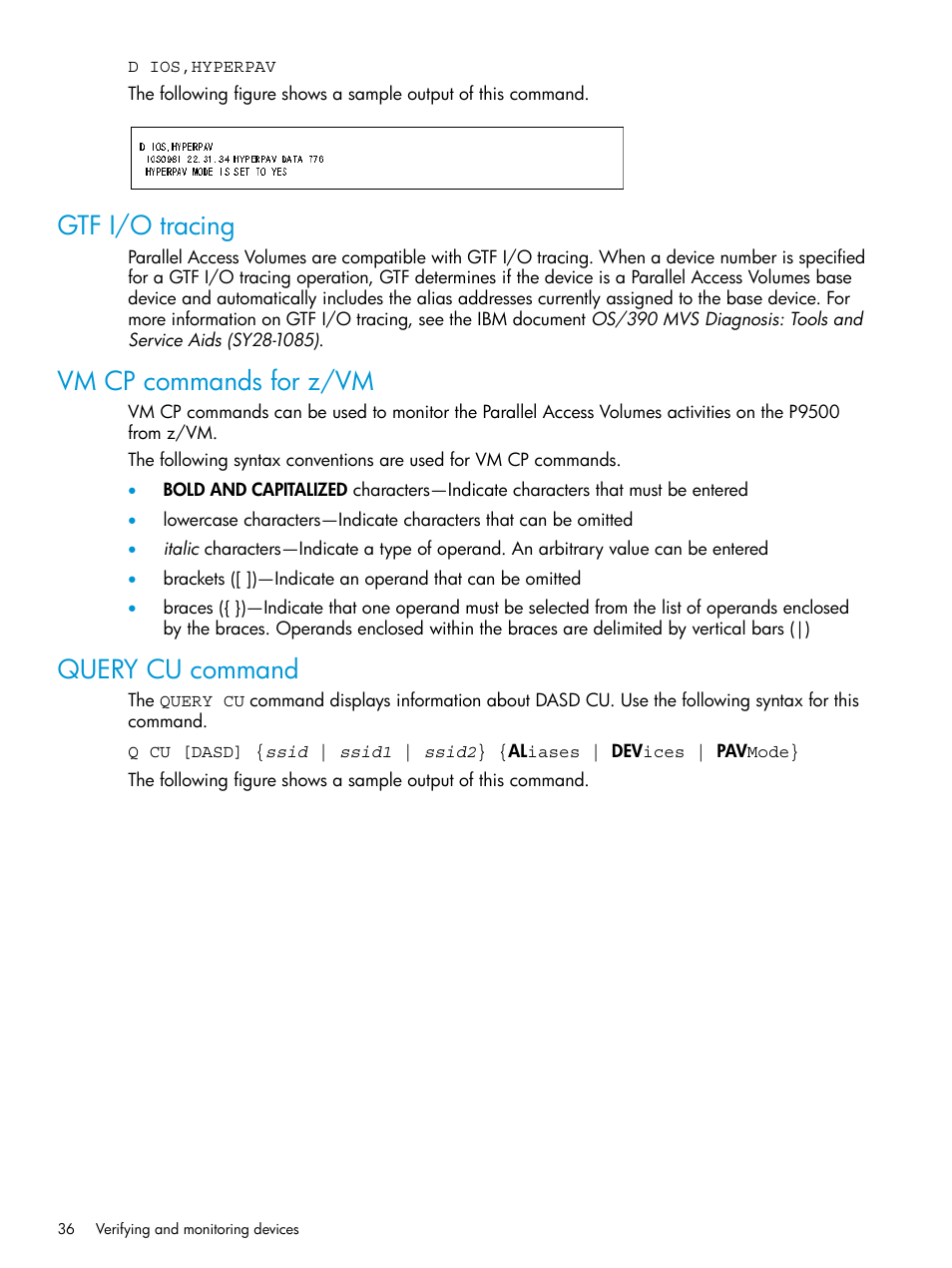 Gtf i/o tracing, Vm cp commands for z/vm, Query cu command | HP XP P9500 Storage User Manual | Page 36 / 50