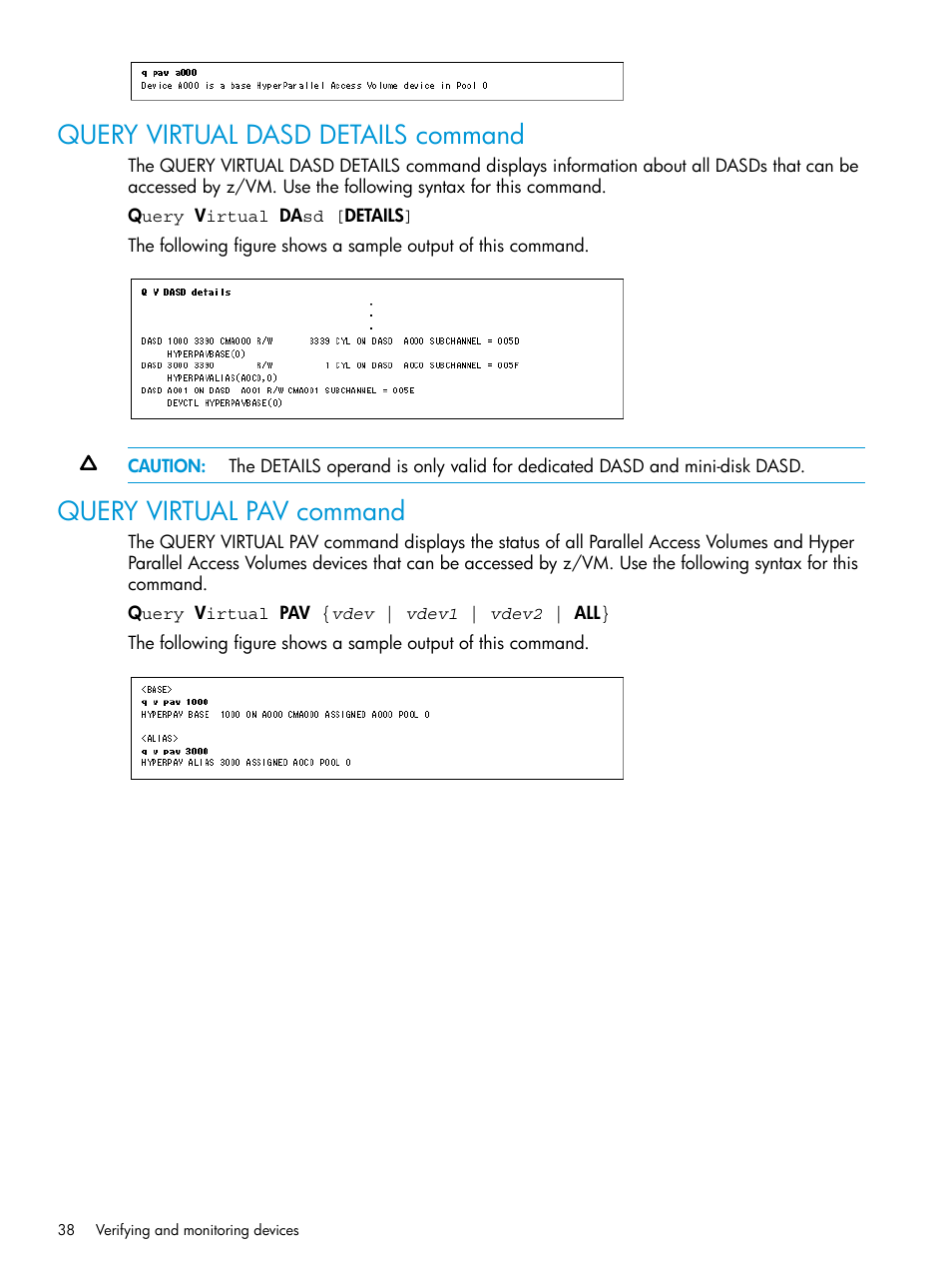 Query virtual dasd details command, Query virtual pav command | HP XP P9500 Storage User Manual | Page 38 / 50