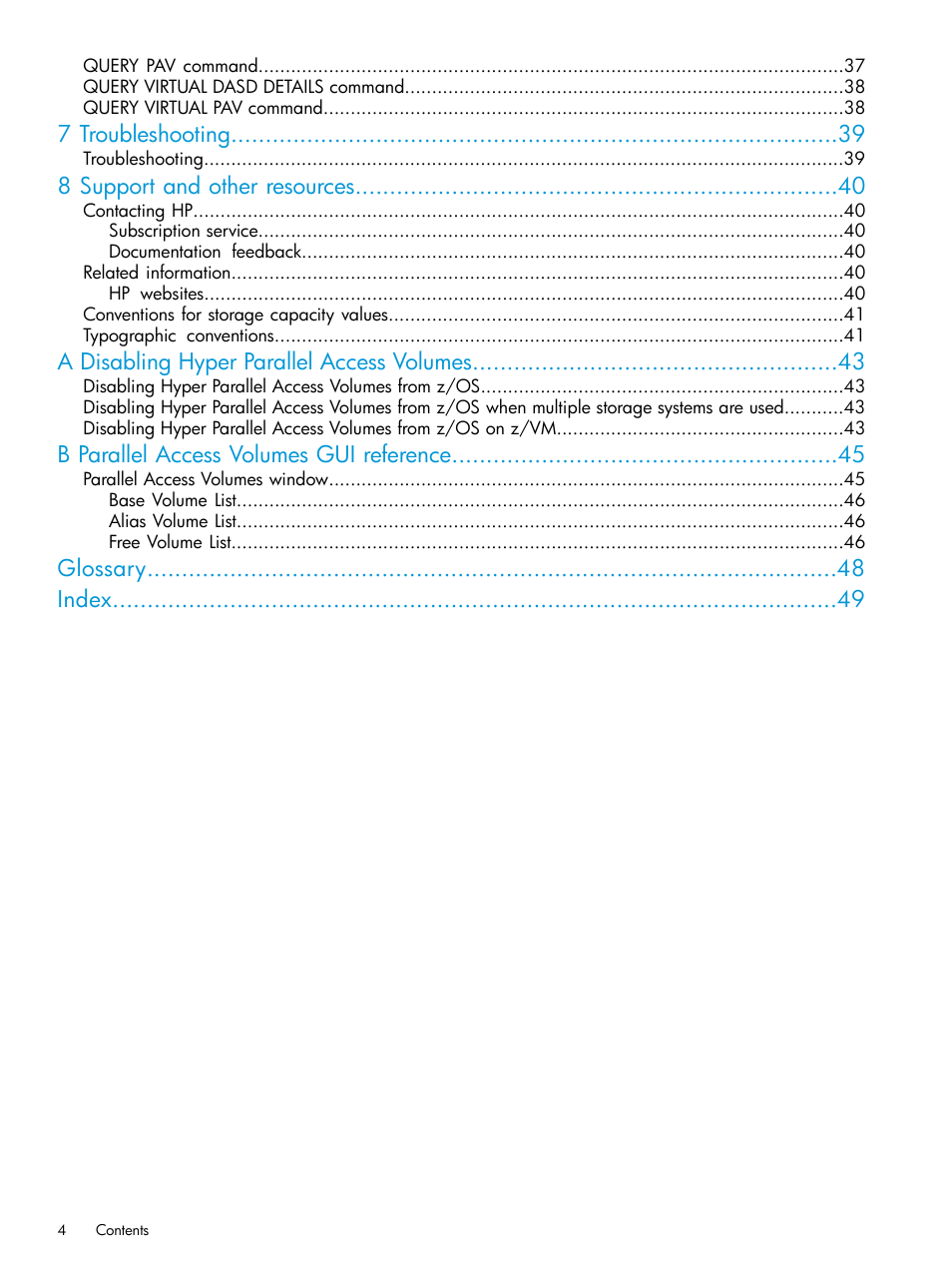 7 troubleshooting, 8 support and other resources, A disabling hyper parallel access volumes | B parallel access volumes gui reference, Glossary index | HP XP P9500 Storage User Manual | Page 4 / 50