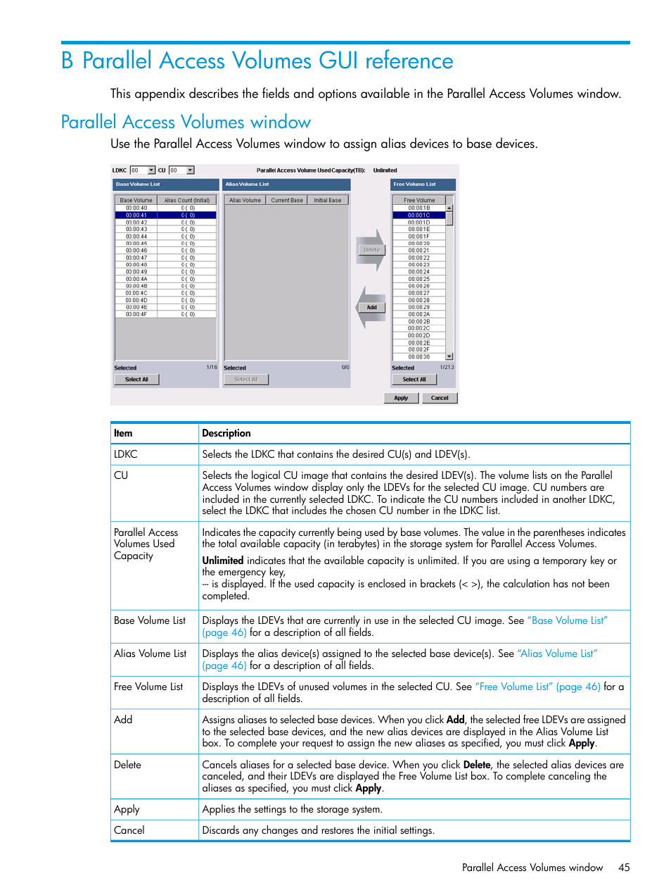 B parallel access volumes gui reference, Parallel access volumes window | HP XP P9500 Storage User Manual | Page 45 / 50
