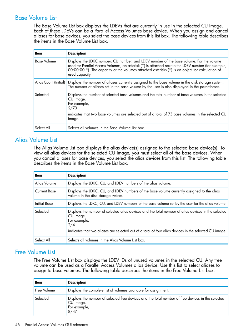 Base volume list, Alias volume list, Free volume list | HP XP P9500 Storage User Manual | Page 46 / 50