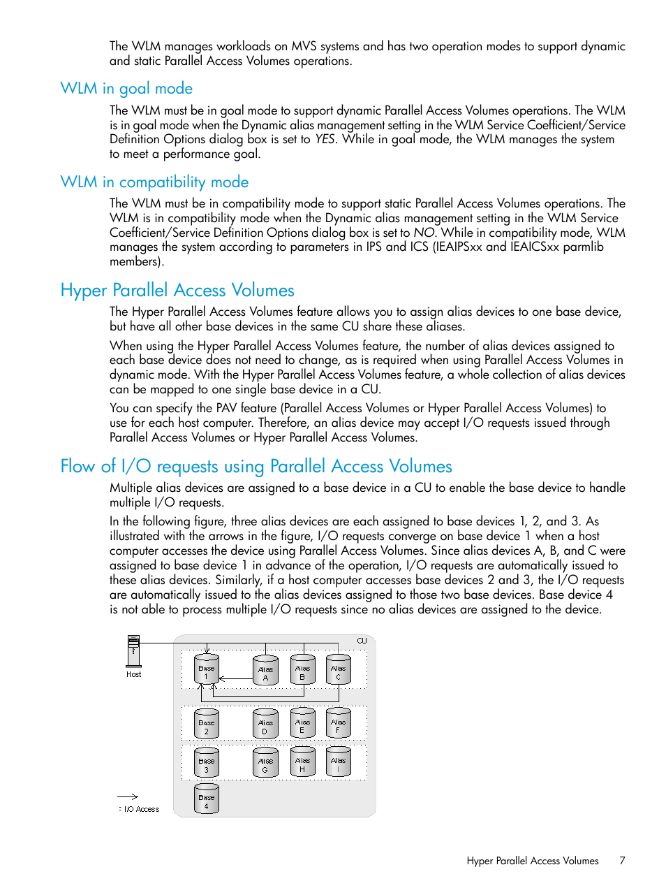 Wlm in goal mode, Wlm in compatibility mode, Hyper parallel access volumes | Flow of i/o requests using parallel access volumes, Wlm in goal mode wlm in compatibility mode | HP XP P9500 Storage User Manual | Page 7 / 50