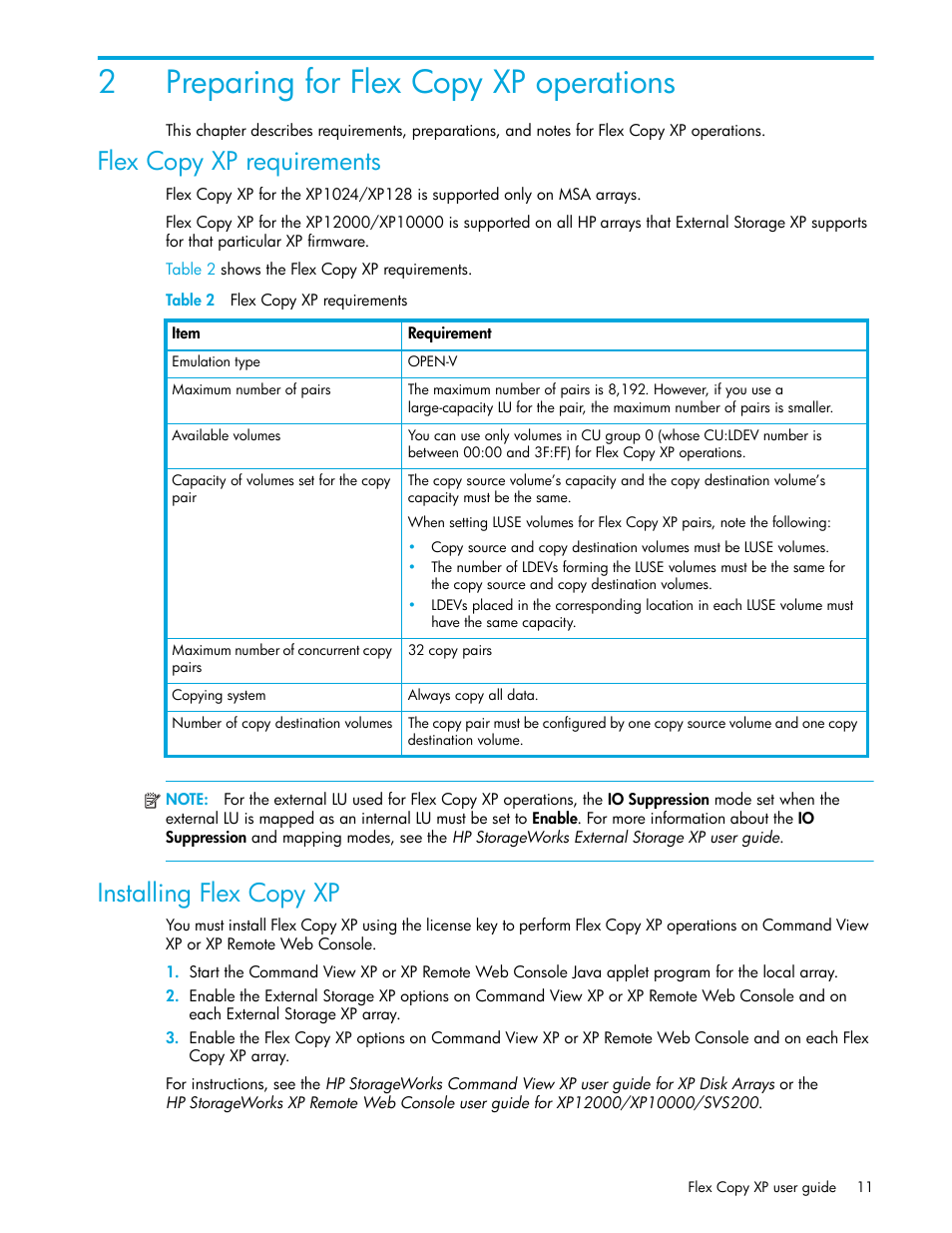 2 preparing for flex copy xp operations, Flex copy xp requirements, Table 2 flex copy xp requirements | Installing flex copy xp, 2 flex copy xp requirements, 2preparing for flex copy xp operations | HP StorageWorks XP Remote Web Console Software User Manual | Page 11 / 54