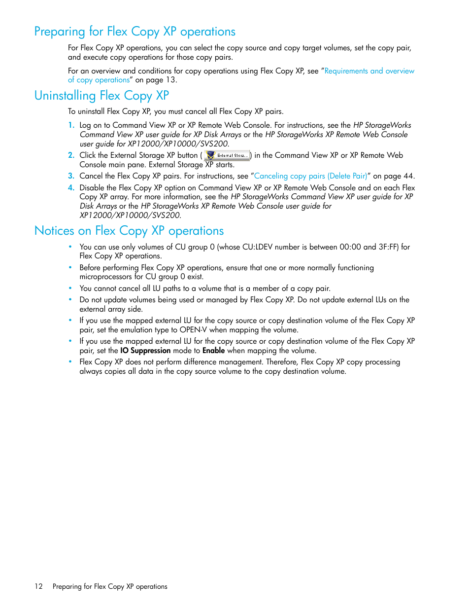 Preparing for flex copy xp operations, Uninstalling flex copy xp, Notices on flex copy xp operations | HP StorageWorks XP Remote Web Console Software User Manual | Page 12 / 54