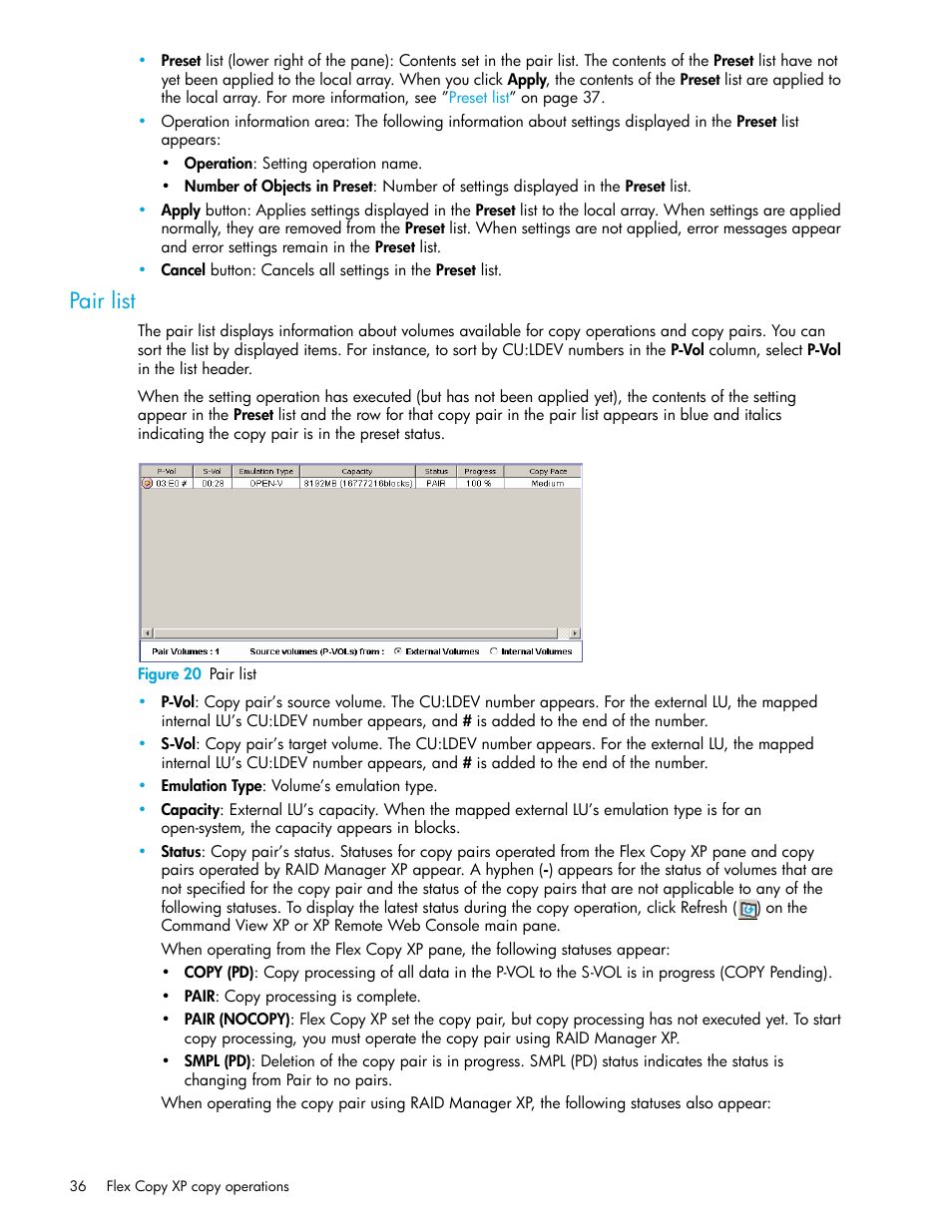 Pair list, Figure 20 pair list, 20 pair list | HP StorageWorks XP Remote Web Console Software User Manual | Page 36 / 54