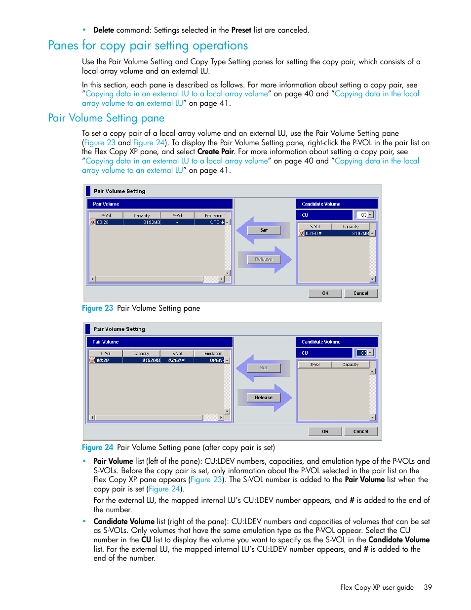 Panes for copy pair setting operations, Pair volume setting pane, Figure 23 pair volume setting pane | 23 pair volume setting pane, Figure 23, Figure 24 | HP StorageWorks XP Remote Web Console Software User Manual | Page 39 / 54