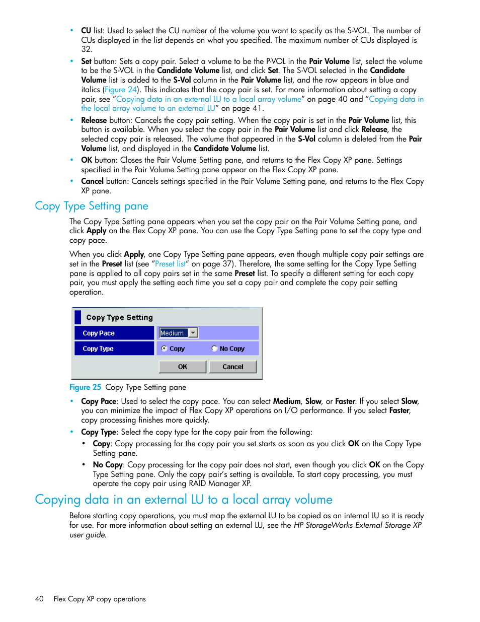 Copy type setting pane, Figure 25 copy type setting pane, 25 copy type setting pane | Copying, Data in an external lu to a local array volume | HP StorageWorks XP Remote Web Console Software User Manual | Page 40 / 54