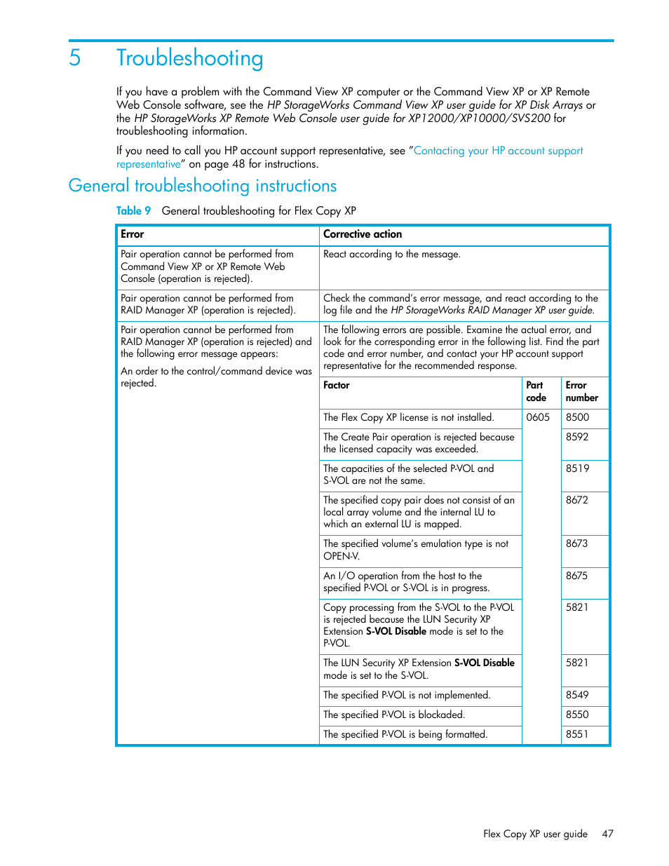 5 troubleshooting, General troubleshooting instructions, Table 9 general troubleshooting for flex copy xp | 9 general troubleshooting for flex copy xp, 5troubleshooting | HP StorageWorks XP Remote Web Console Software User Manual | Page 47 / 54