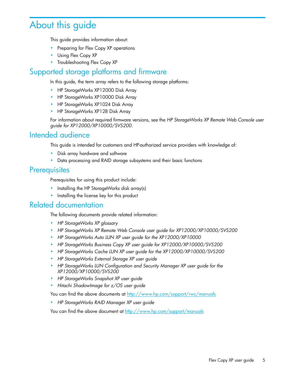 About this guide, Supported storage platforms and firmware, Intended audience | Prerequisites, Related documentation | HP StorageWorks XP Remote Web Console Software User Manual | Page 5 / 54