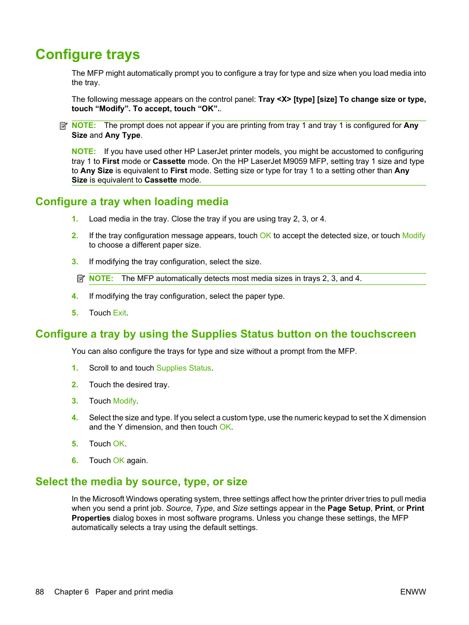 Configure trays, Configure a tray when loading media, Select the media by source, type, or size | HP LaserJet M9059 Multifunction Printer series User Manual | Page 102 / 272