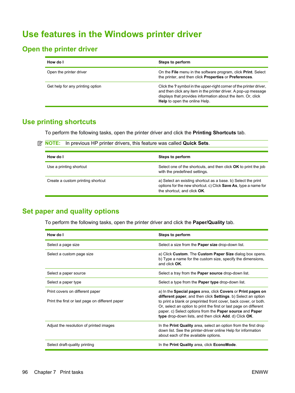 Use features in the windows printer driver, Open the printer driver, Use printing shortcuts | Set paper and quality options | HP LaserJet M9059 Multifunction Printer series User Manual | Page 110 / 272