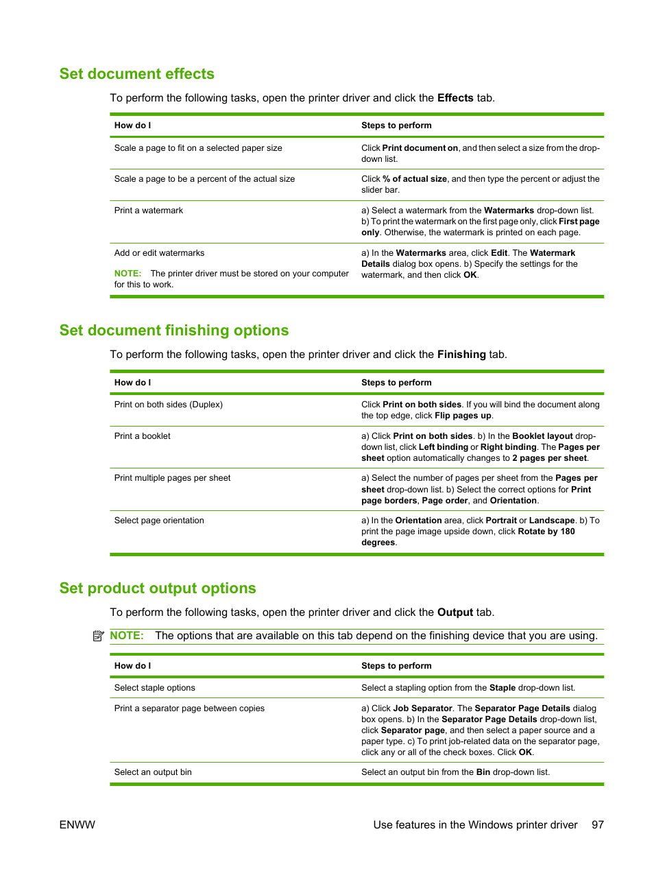 Set document effects, Set document finishing options, Set product output options | HP LaserJet M9059 Multifunction Printer series User Manual | Page 111 / 272