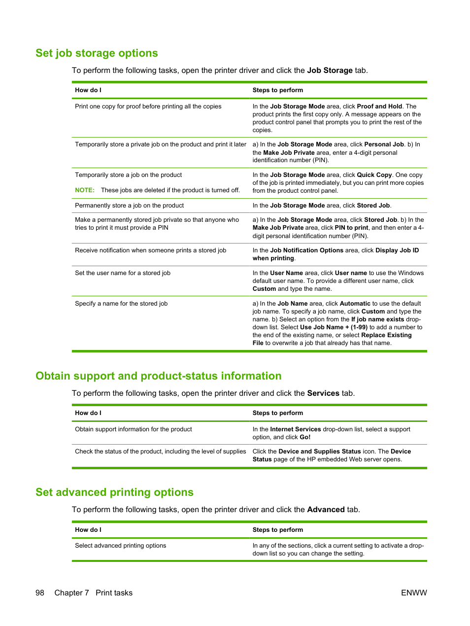 Set job storage options, Obtain support and product-status information, Set advanced printing options | HP LaserJet M9059 Multifunction Printer series User Manual | Page 112 / 272