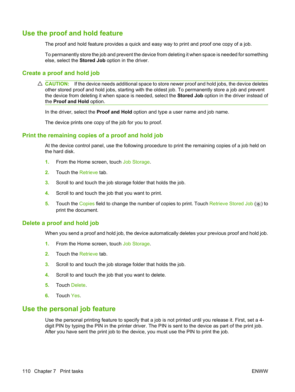 Use the proof and hold feature, Create a proof and hold job, Print the remaining copies of a proof and hold job | Delete a proof and hold job, Use the personal job feature | HP LaserJet M9059 Multifunction Printer series User Manual | Page 124 / 272