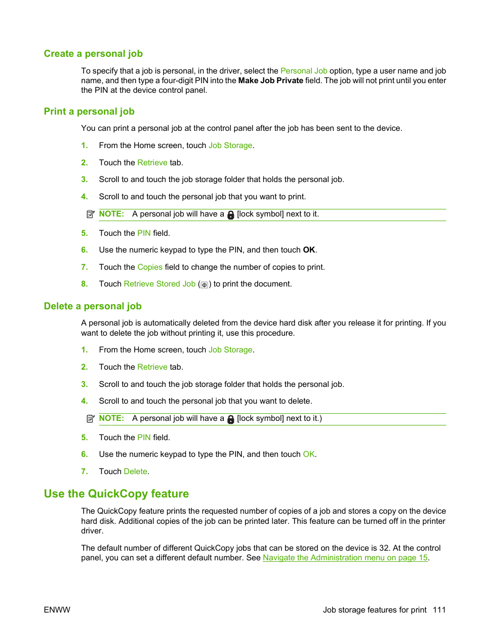 Create a personal job, Print a personal job, Delete a personal job | Use the quickcopy feature | HP LaserJet M9059 Multifunction Printer series User Manual | Page 125 / 272