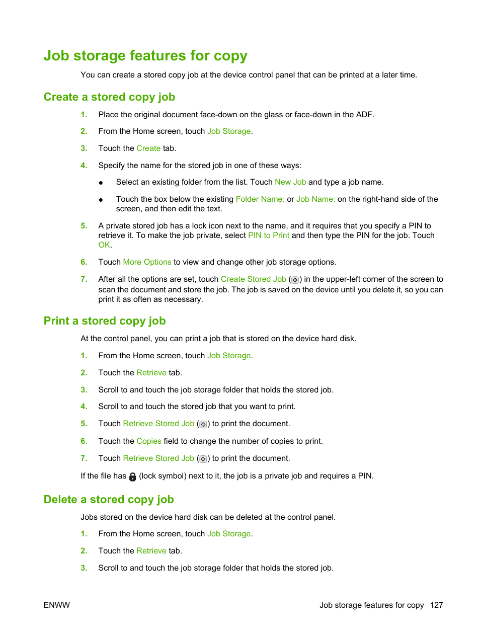 Job storage features for copy, Create a stored copy job, Print a stored copy job | Delete a stored copy job | HP LaserJet M9059 Multifunction Printer series User Manual | Page 141 / 272