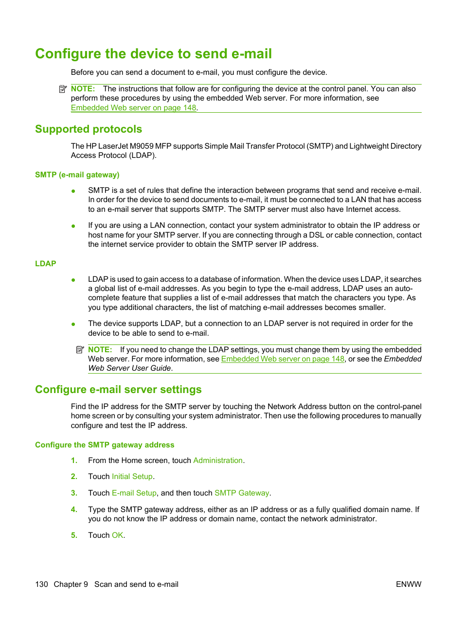 Configure the device to send e-mail, Supported protocols, Configure e-mail server settings | HP LaserJet M9059 Multifunction Printer series User Manual | Page 144 / 272