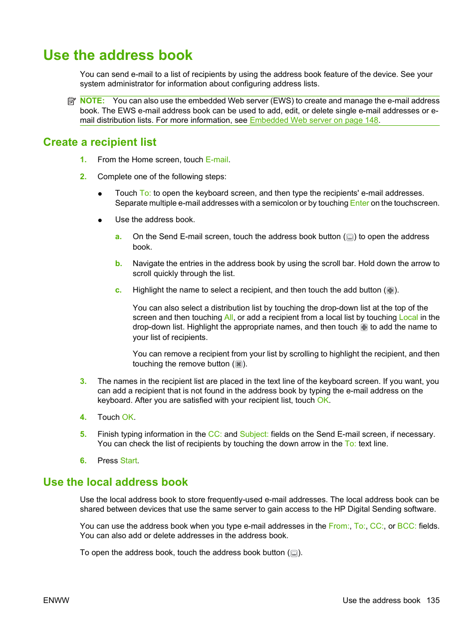 Use the address book, Create a recipient list, Use the local address book | Create a recipient list use the local address book | HP LaserJet M9059 Multifunction Printer series User Manual | Page 149 / 272
