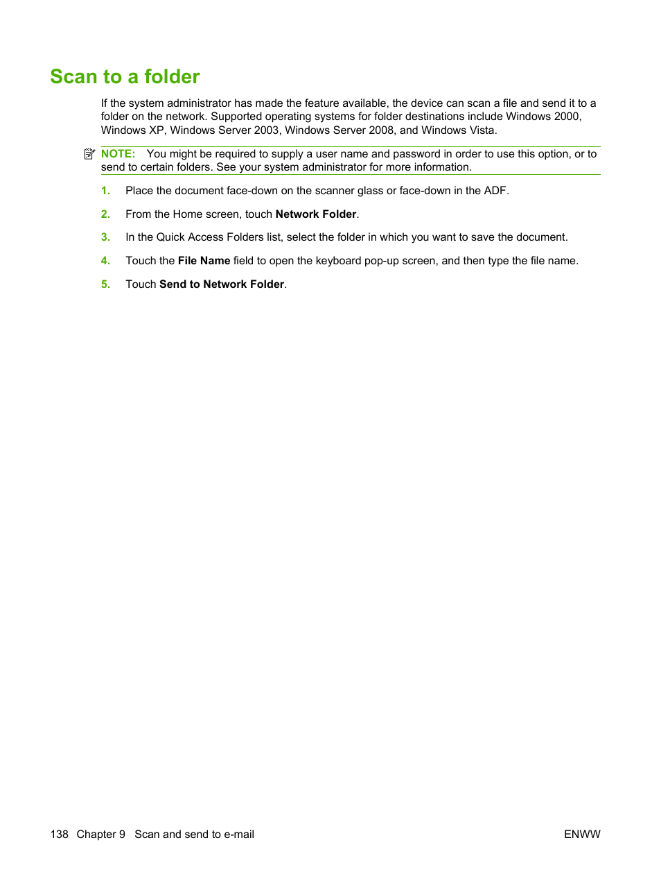 Scan to a folder | HP LaserJet M9059 Multifunction Printer series User Manual | Page 152 / 272