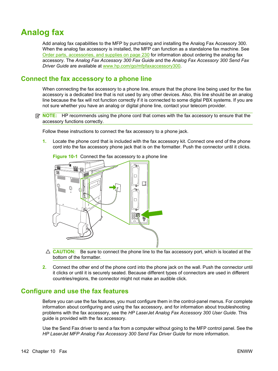 Analog fax, Connect the fax accessory to a phone line, Configure and use the fax features | HP LaserJet M9059 Multifunction Printer series User Manual | Page 156 / 272