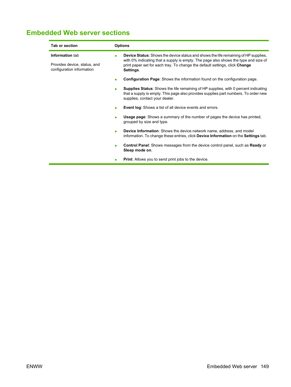 Embedded web server sections | HP LaserJet M9059 Multifunction Printer series User Manual | Page 163 / 272