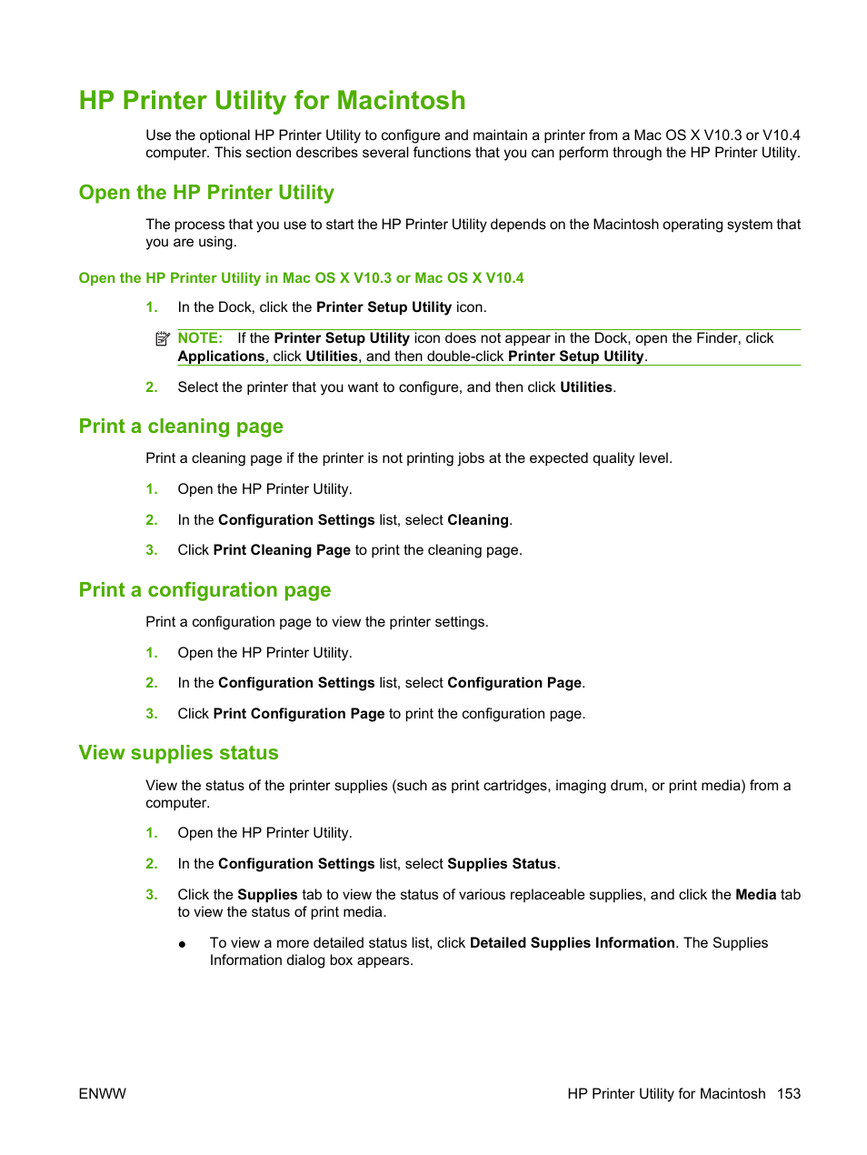 Hp printer utility for macintosh, Open the hp printer utility, View supplies status | Print a cleaning page, Print a configuration page | HP LaserJet M9059 Multifunction Printer series User Manual | Page 167 / 272