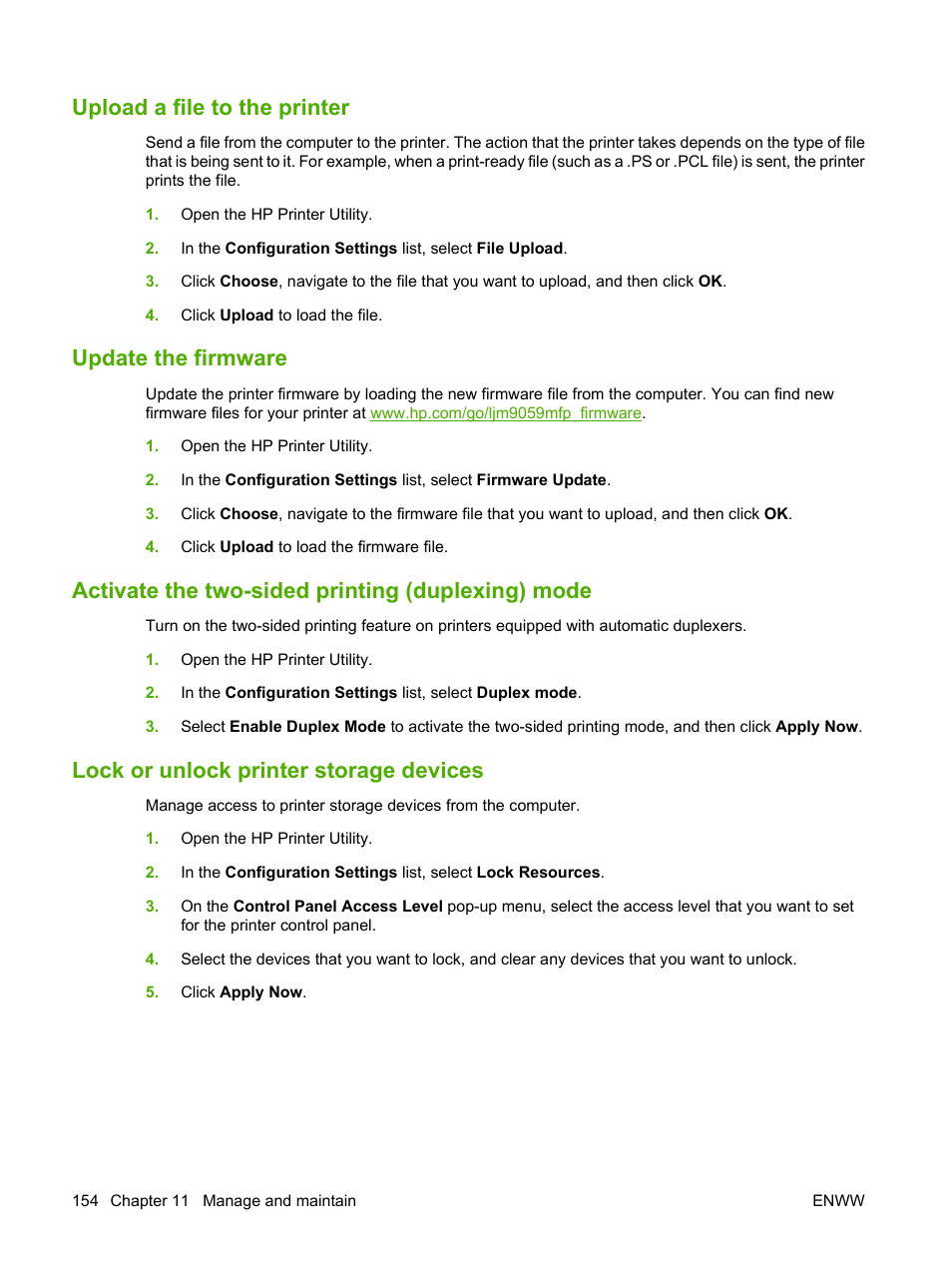 Upload a file to the printer, Update the firmware, Activate the two-sided printing (duplexing) mode | Lock or unlock printer storage devices | HP LaserJet M9059 Multifunction Printer series User Manual | Page 168 / 272
