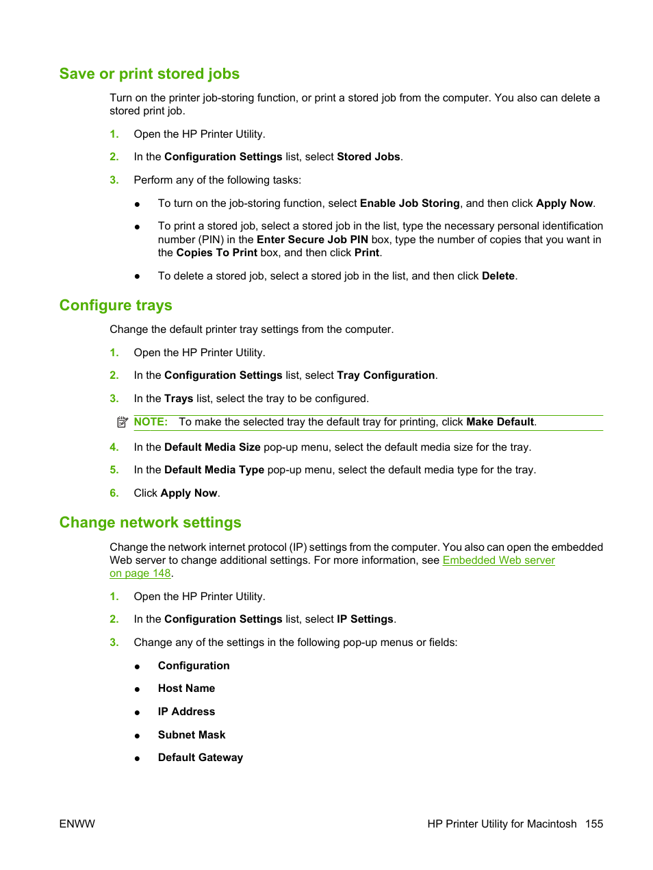 Save or print stored jobs, Configure trays, Change network settings | HP LaserJet M9059 Multifunction Printer series User Manual | Page 169 / 272
