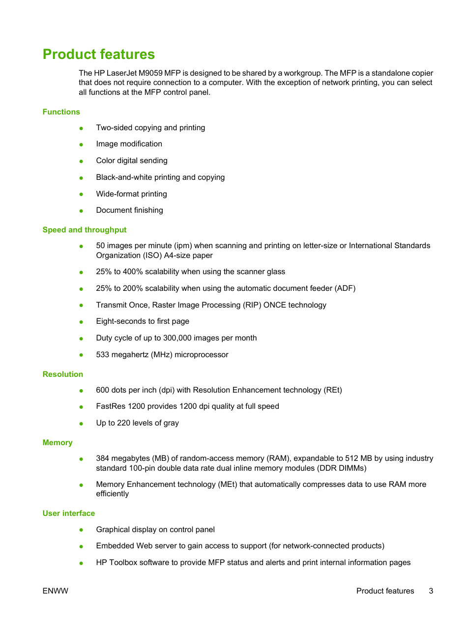Product features | HP LaserJet M9059 Multifunction Printer series User Manual | Page 17 / 272
