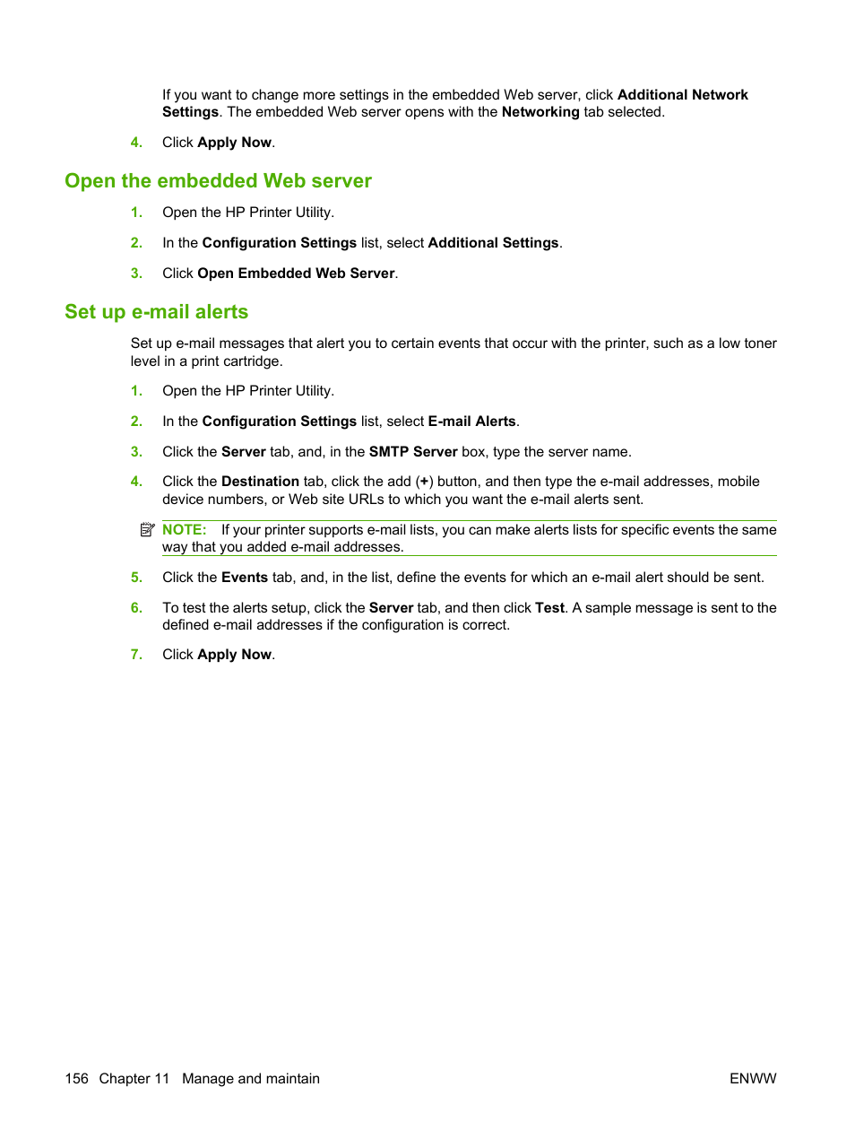 Open the embedded web server, Set up e-mail alerts, Open the embedded web server set up e-mail alerts | HP LaserJet M9059 Multifunction Printer series User Manual | Page 170 / 272