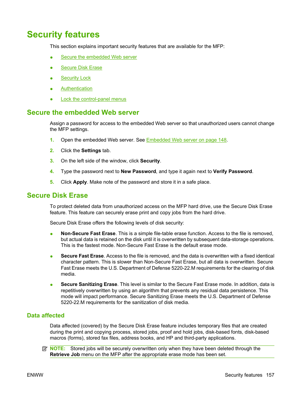 Security features, Secure the embedded web server, Secure disk erase | Data affected, Secure the embedded web server secure disk erase | HP LaserJet M9059 Multifunction Printer series User Manual | Page 171 / 272