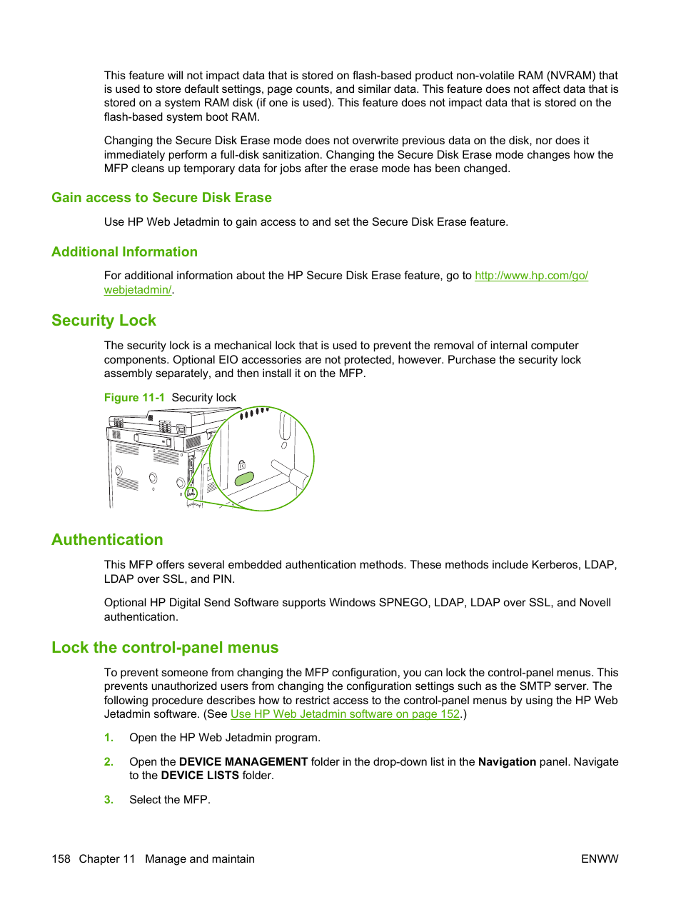 Gain access to secure disk erase, Additional information, Security lock | Authentication, Lock the control-panel menus | HP LaserJet M9059 Multifunction Printer series User Manual | Page 172 / 272