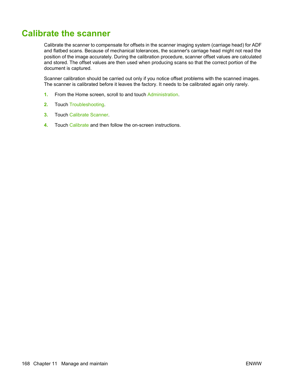 Calibrate the scanner | HP LaserJet M9059 Multifunction Printer series User Manual | Page 182 / 272