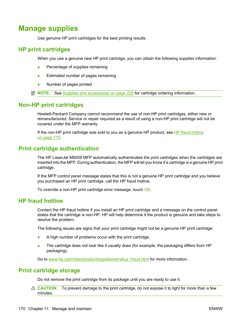 Manage supplies, Hp print cartridges, Non-hp print cartridges | Print cartridge authentication, Hp fraud hotline, Print cartridge storage | HP LaserJet M9059 Multifunction Printer series User Manual | Page 184 / 272