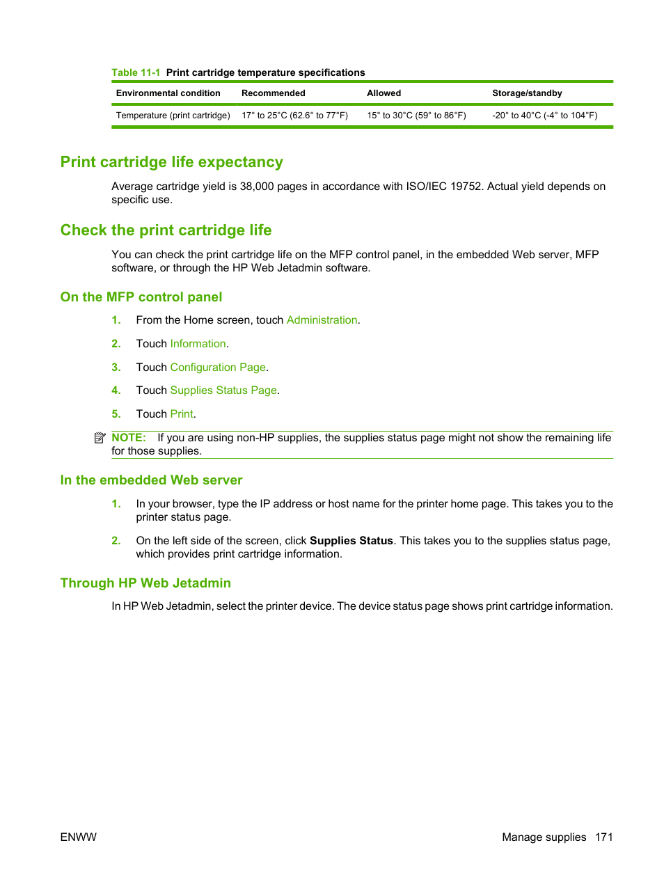 Print cartridge life expectancy, Check the print cartridge life, On the mfp control panel | In the embedded web server, Through hp web jetadmin | HP LaserJet M9059 Multifunction Printer series User Manual | Page 185 / 272