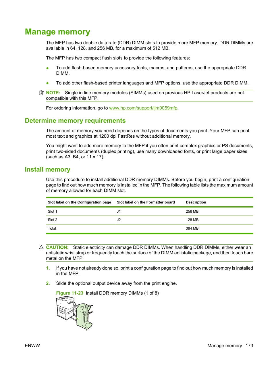Manage memory, Determine memory requirements, Install memory | Determine memory requirements install memory | HP LaserJet M9059 Multifunction Printer series User Manual | Page 187 / 272