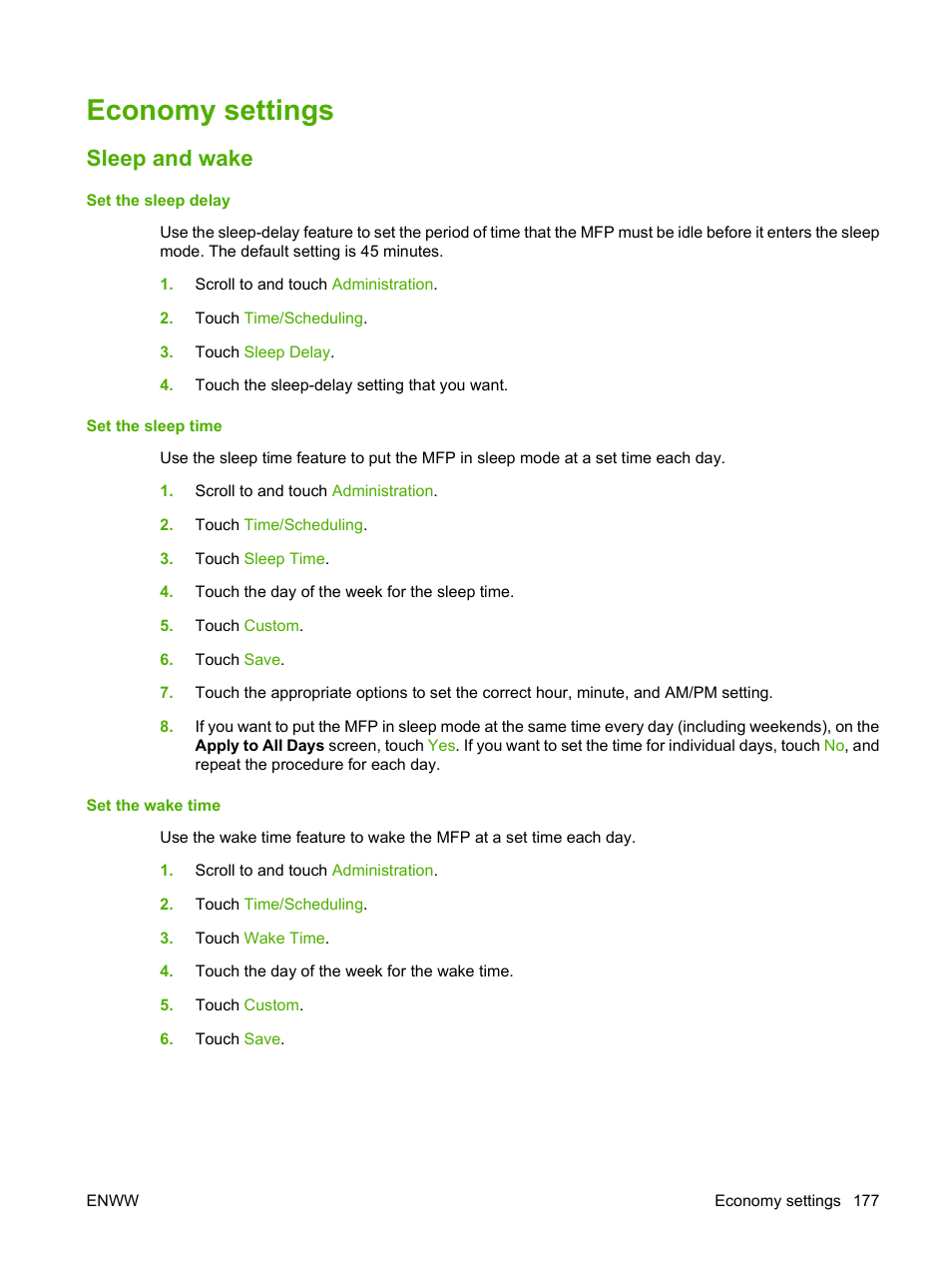 Economy settings, Sleep and wake | HP LaserJet M9059 Multifunction Printer series User Manual | Page 191 / 272